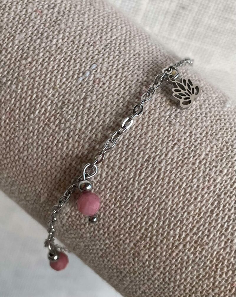 Bracelet Acier argenté Rhodonite et Lotus – Image 2