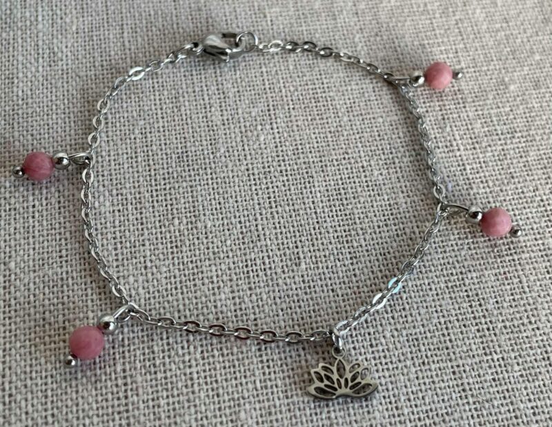 Bracelet Acier argenté Rhodonite et Lotus