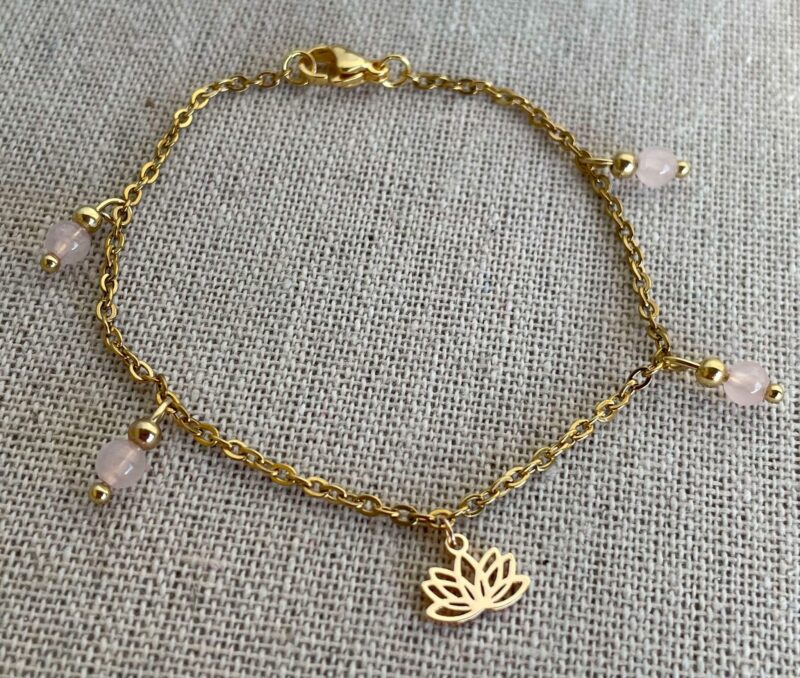 Bracelet Acier doré Quartz Rose et Lotus