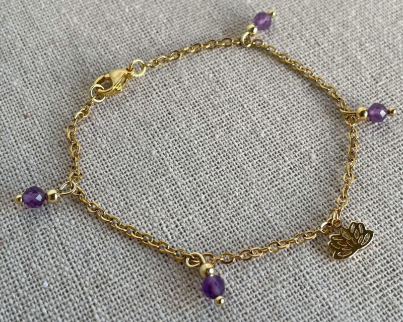 Bracelet Acier doré Améthyste et Lotus